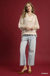 UMGEE Full Size Linen Scallop Hem Blouse with Contrast Trim Plus Size on Simply Obsessed