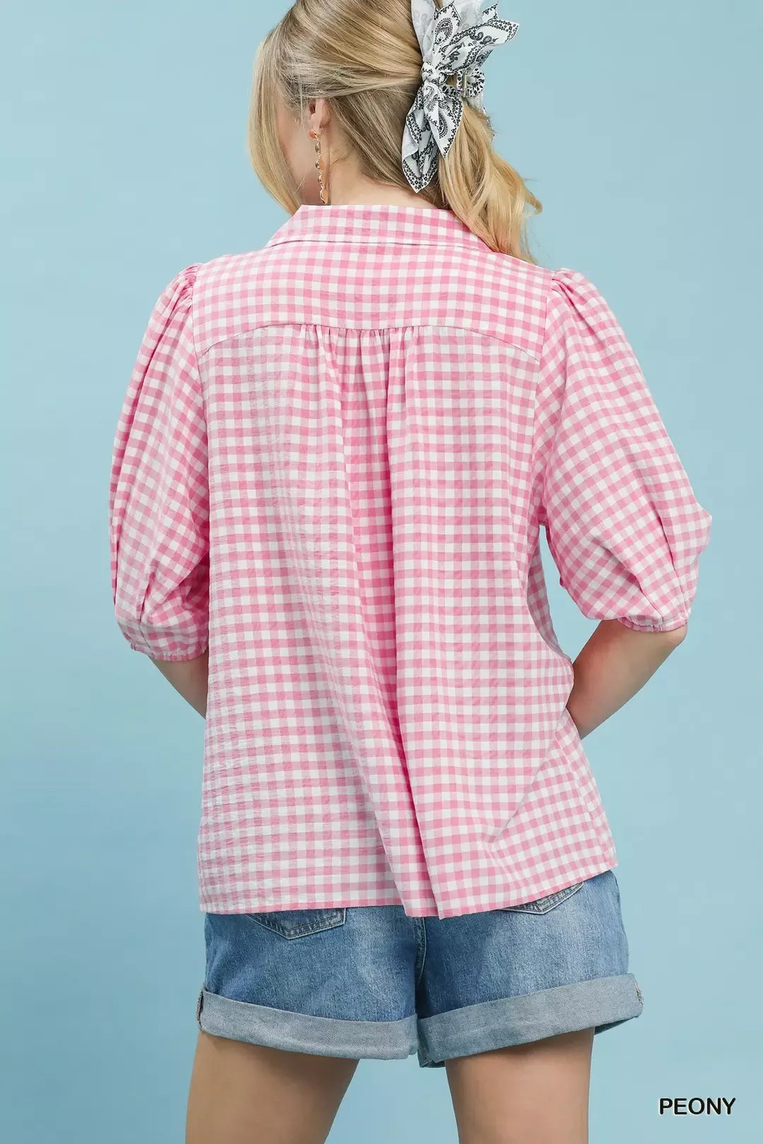 UMGEE Gingham Puff Sleeve Collared Blouse on Simply Obsessed
