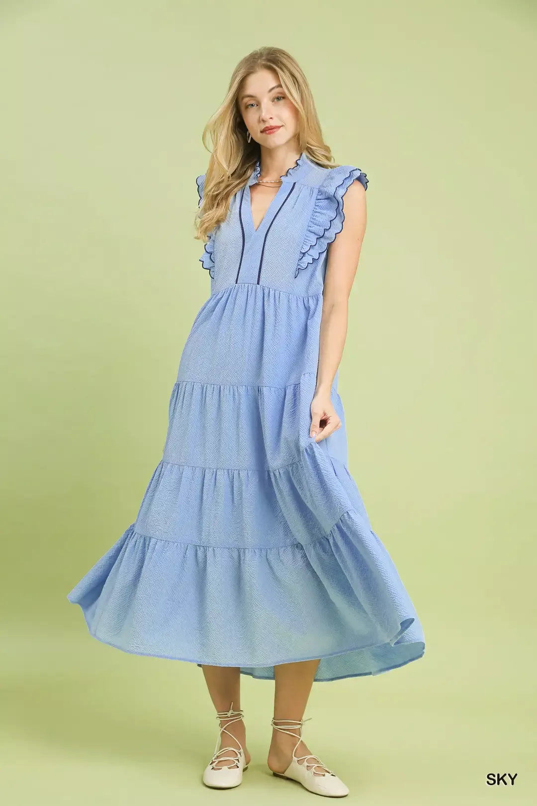 UMGEE Seersucker Ruffle Sleeve Tiered Midi Dress **DEBUT SALE** on Simply Obsessed