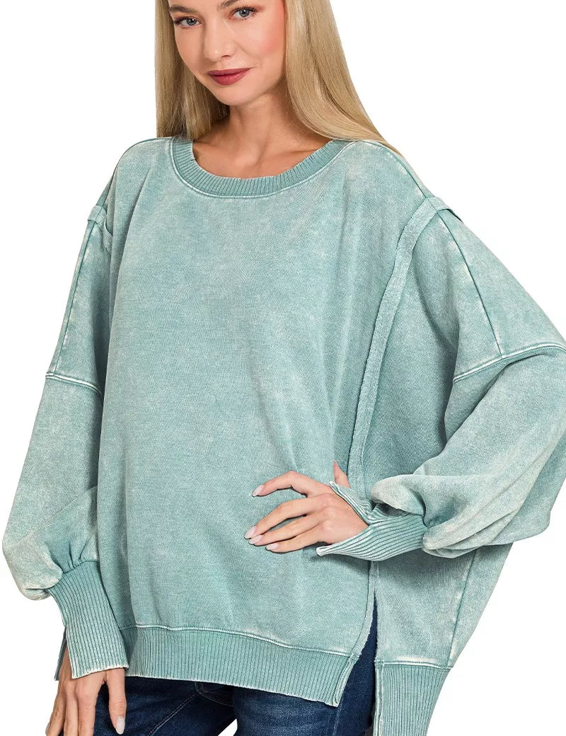 ZENANA Acid Washed Batwing Sleeve Fleece Sweatshirt on Simply Obsessed