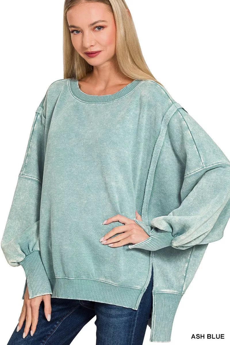 ZENANA Acid Washed Batwing Sleeve Fleece Sweatshirt on Simply Obsessed