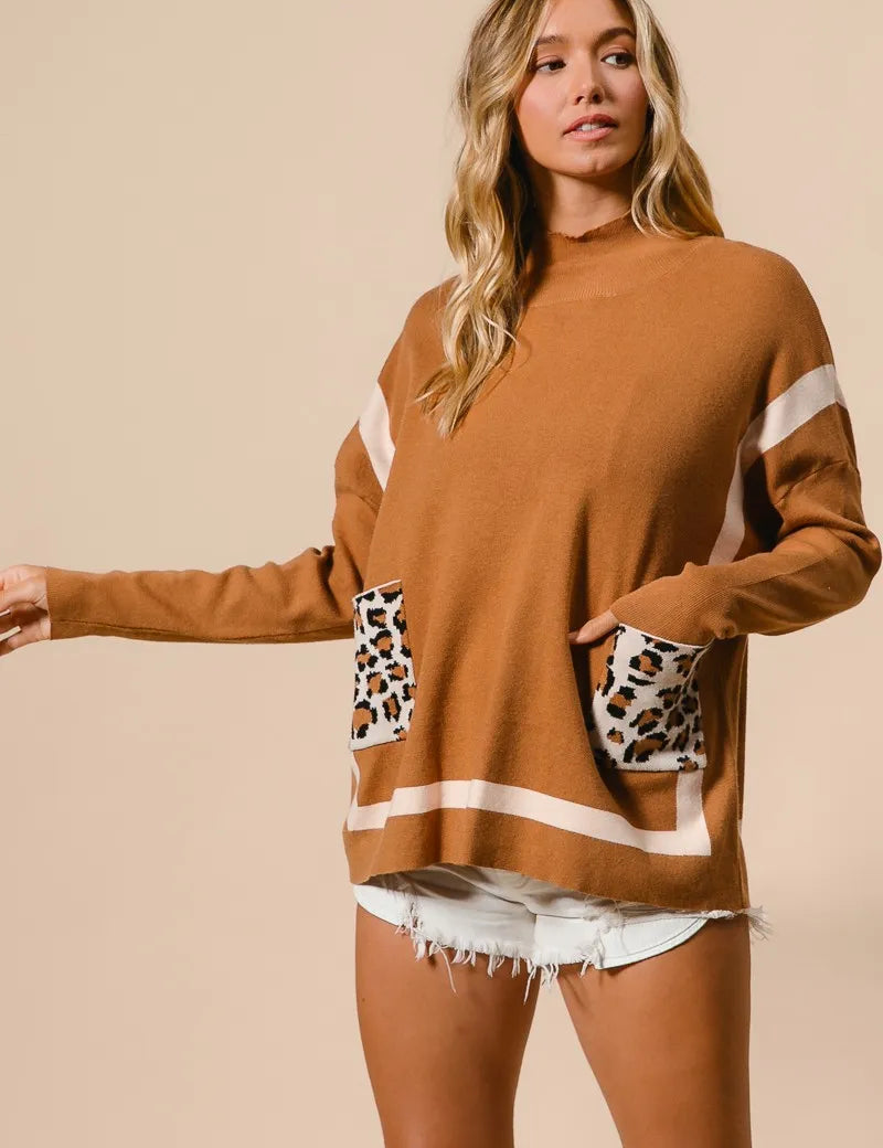 BiBi Mock Neck Sweater with Leopard Pocket on Simply Obsessed