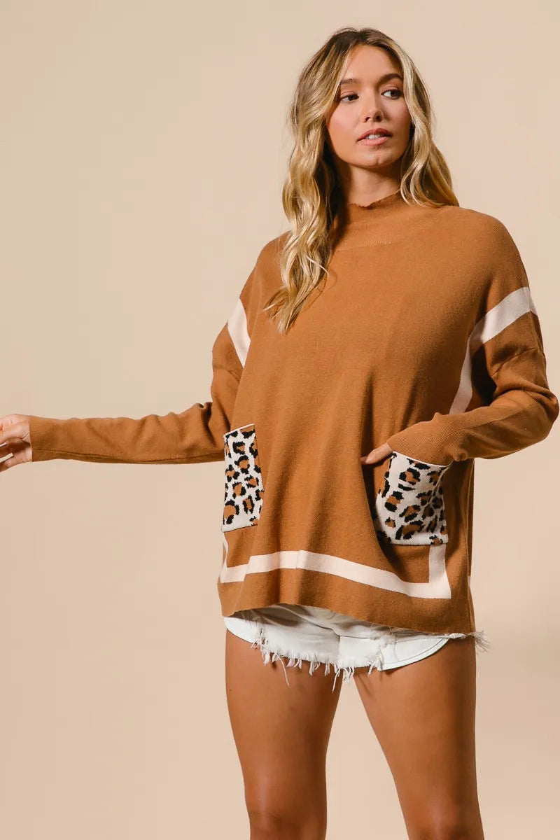 BiBi Mock Neck Sweater with Leopard Pocket on Simply Obsessed