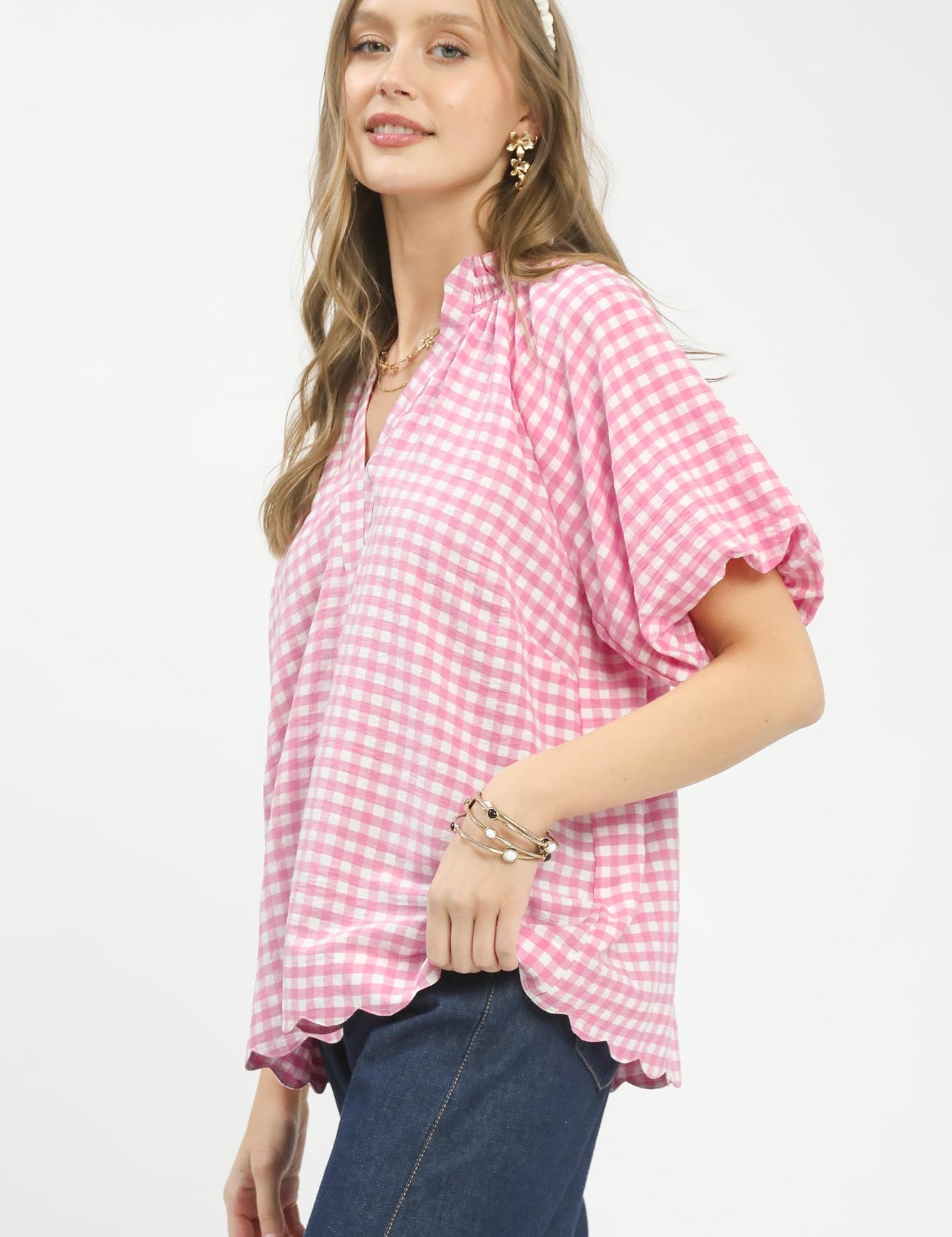 UMGEE Gingham Bubble Sleeve Blouse with Scallop Hem on Simply Obsessed