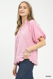 UMGEE Gingham Bubble Sleeve Blouse with Scallop Hem on Simply Obsessed