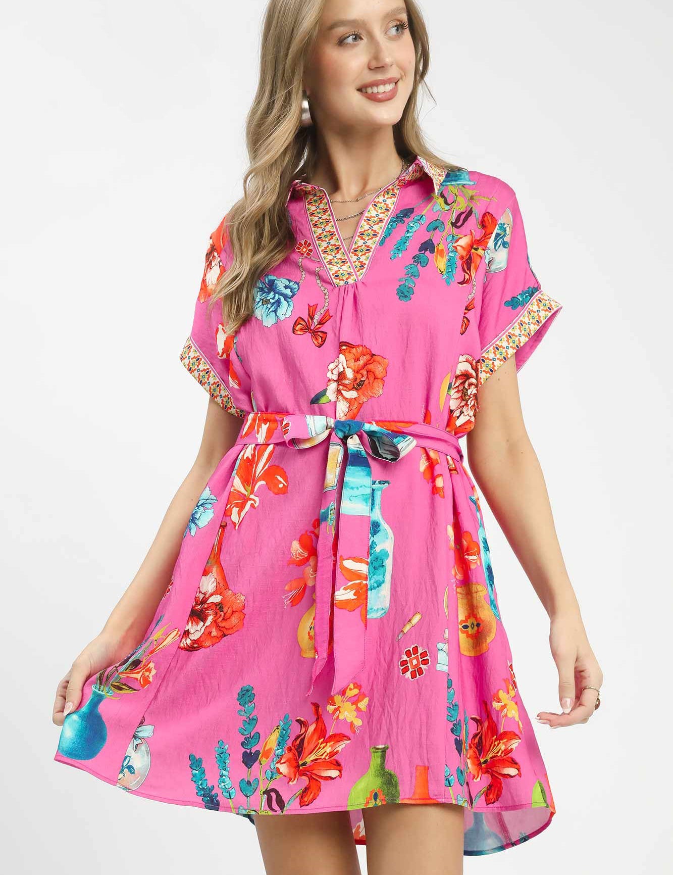 UMGEE Floral Print Mini Dress with Belt on Simply Obsessed