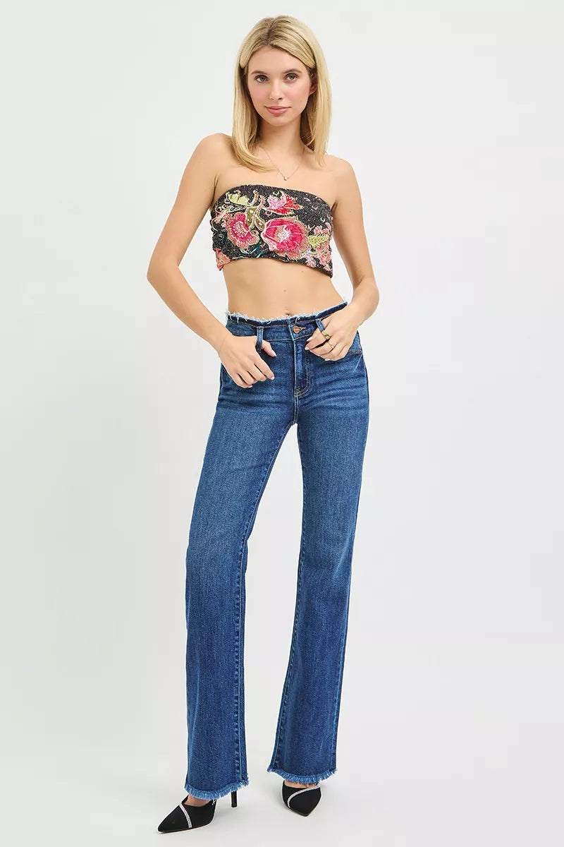RISEN Full Size Mid Rise Bootcut Frayed Waistband Hem Detail Jeans Plus Size on Simply Obsessed