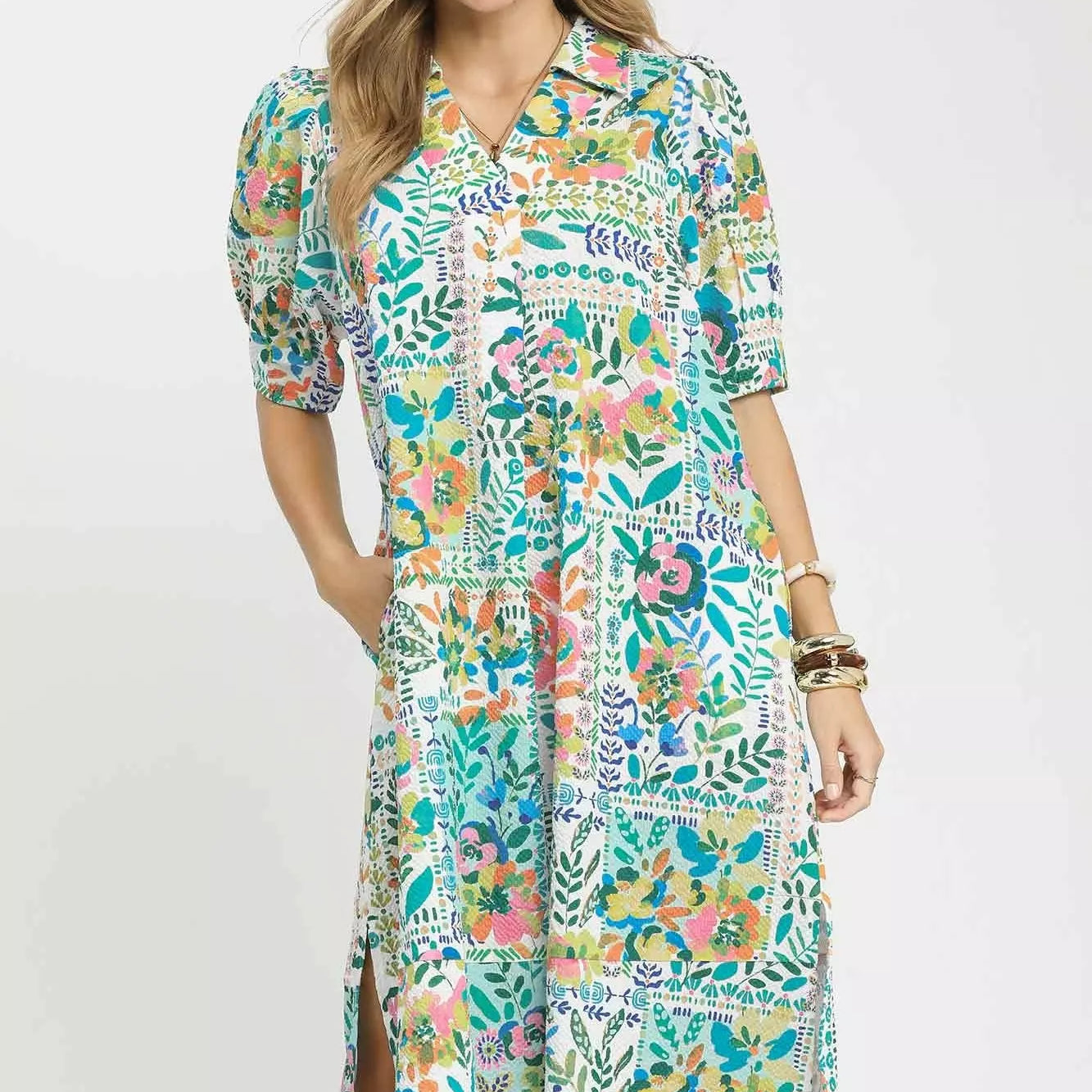 Umgee Folk Print Midi Dress with Side Pockets on Simply Obsessed