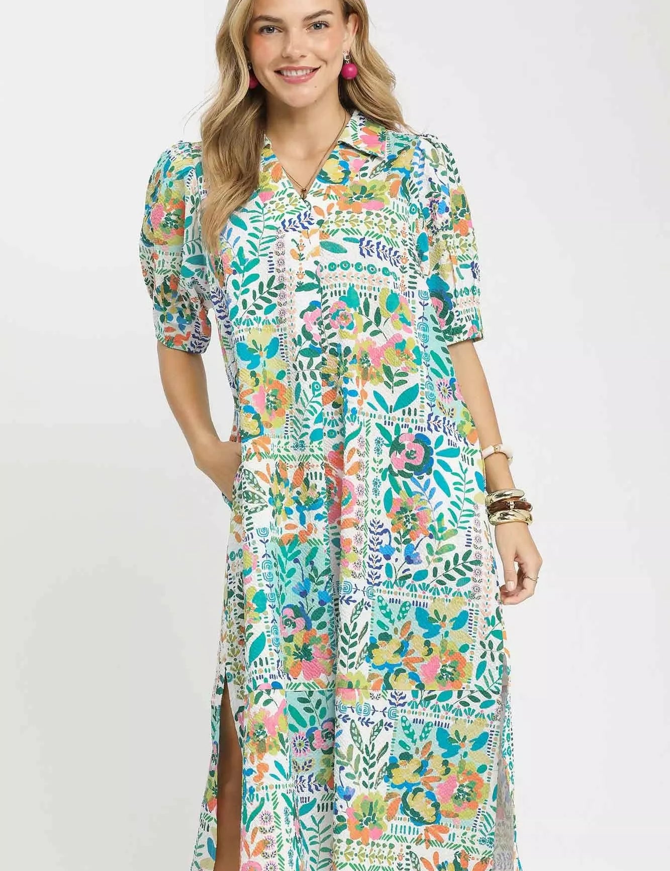 Umgee Folk Print Midi Dress with Side Pockets on Simply Obsessed