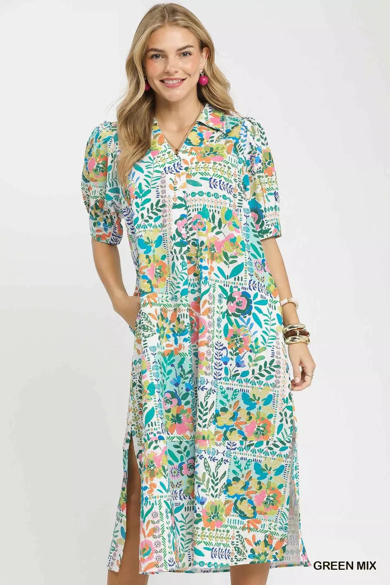Umgee Folk Print Midi Dress with Side Pockets on Simply Obsessed