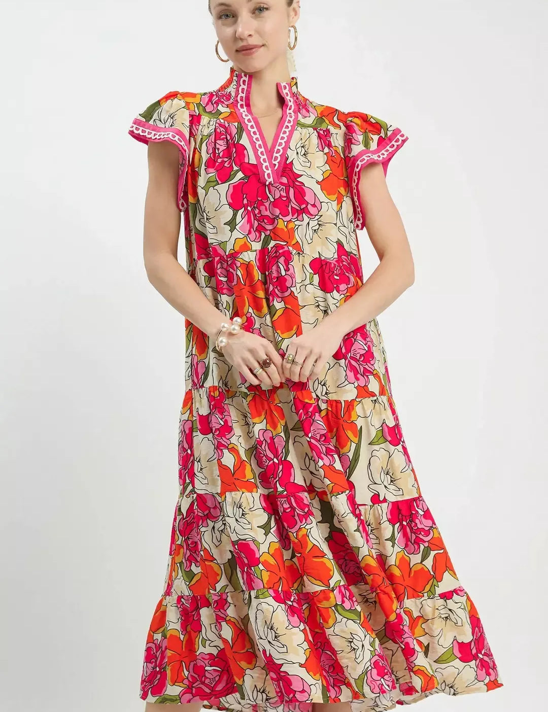 UMGEE Mix Bold Floral Tiered Midi Dress on Simply Obsessed