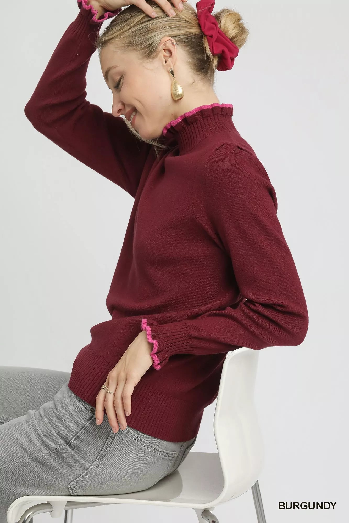 UMGEE Ribbed Round Neck Sweater with Ruffle Contrast Trim on Simply Obsessed