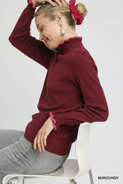 UMGEE Ribbed Round Neck Sweater with Ruffle Contrast Trim on Simply Obsessed