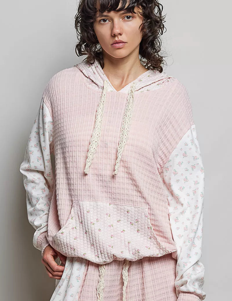 POL Mixed Knit Contrast Print Sleeve Hoodie with Kangaroo Pocket on Simply Obsessed