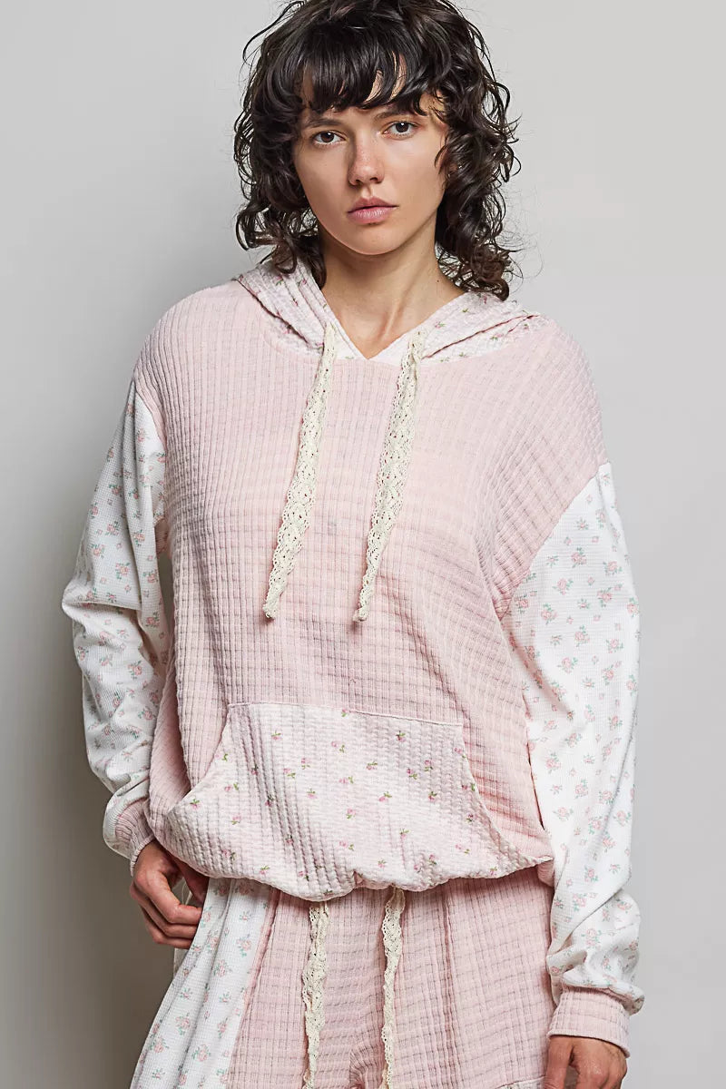 POL Mixed Knit Contrast Print Sleeve Hoodie with Kangaroo Pocket on Simply Obsessed