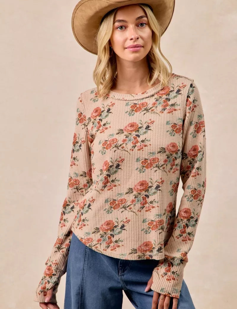 BIBI Floral Print Washed Waffle Thermal Top with Thumb on Simply Obsessed
