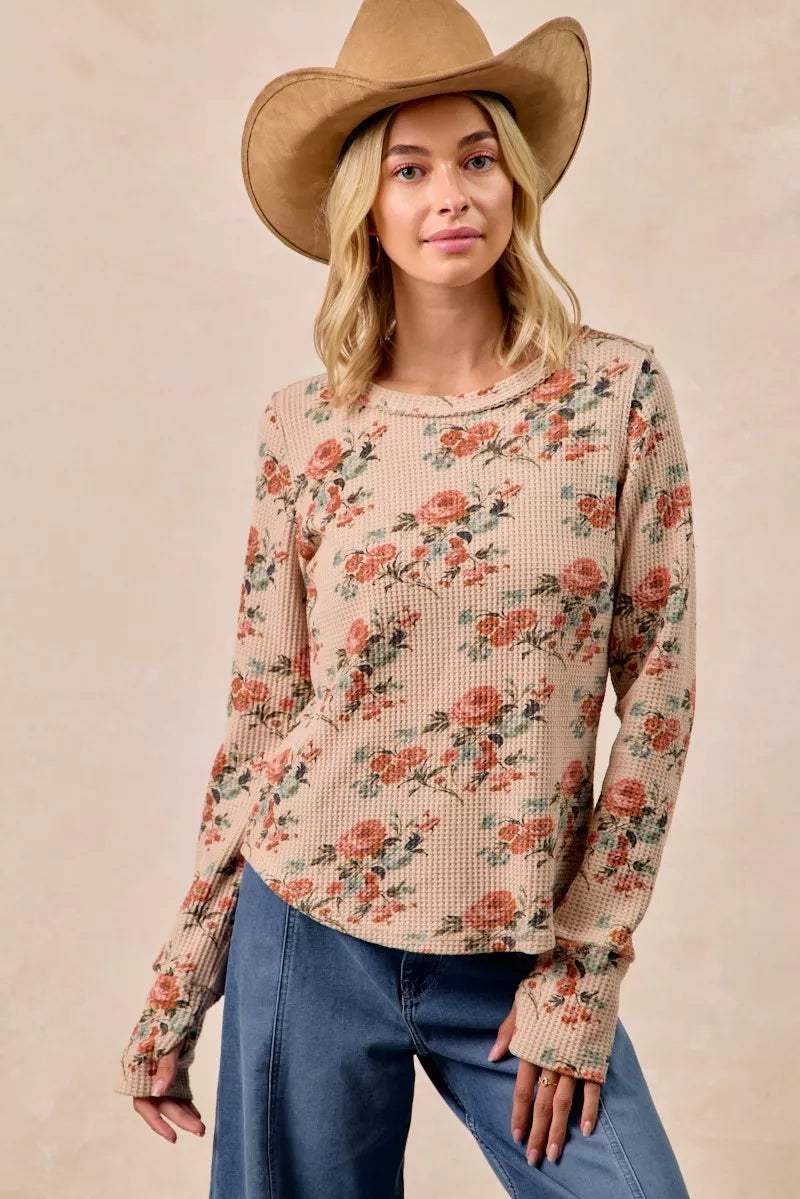 BIBI Floral Print Washed Waffle Thermal Top with Thumb on Simply Obsessed
