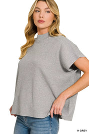 ZENANA Viscose Mock Neck Short Sleeve Boxy Sweater on Simply Obsessed