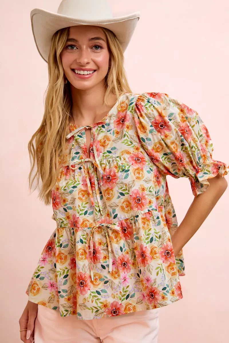 BIBI Flower Printed Shirring Detail Blouse Top on Simply Obsessed