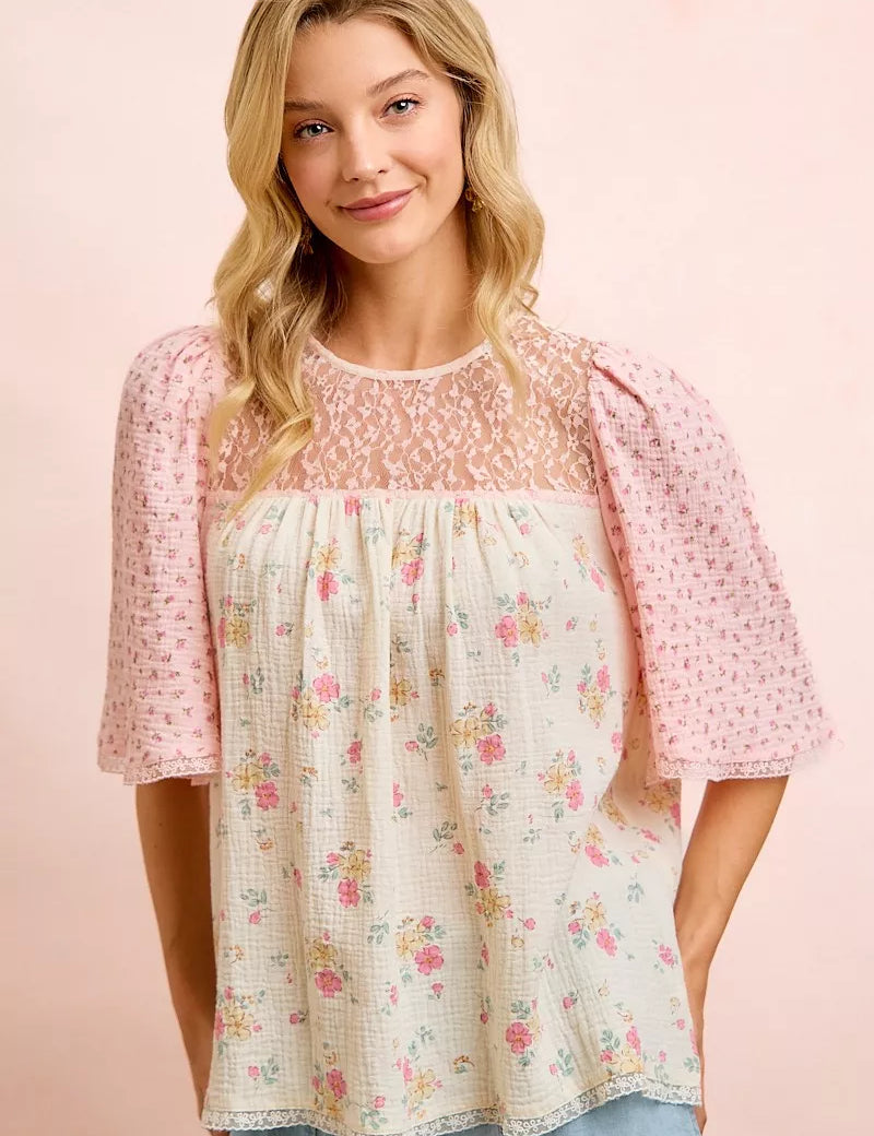 BIBI Crinkle Floral Gauze Mix And Matched Blouse Top on Simply Obsessed