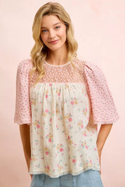 BIBI Crinkle Floral Gauze Mix And Matched Blouse Top on Simply Obsessed