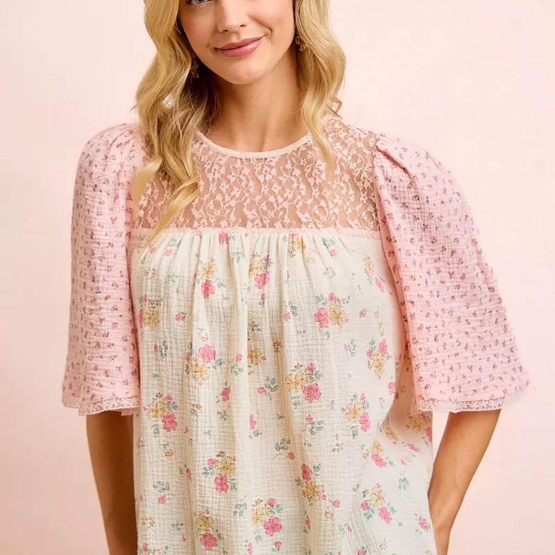 BIBI Crinkle Floral Gauze Mix And Matched Blouse Top on Simply Obsessed