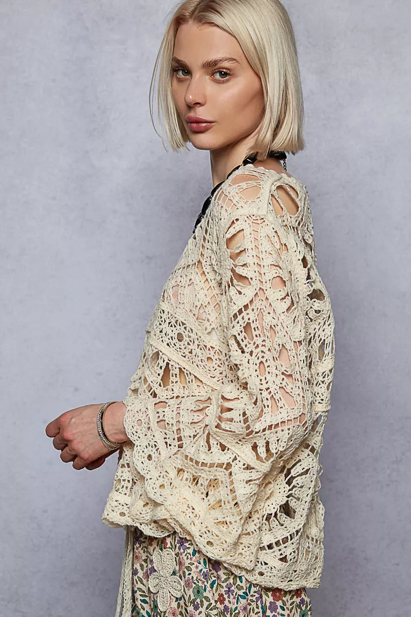 POL Round Neck Weave Knit Pattern Cropped Cover Up on Simply Obsessed
