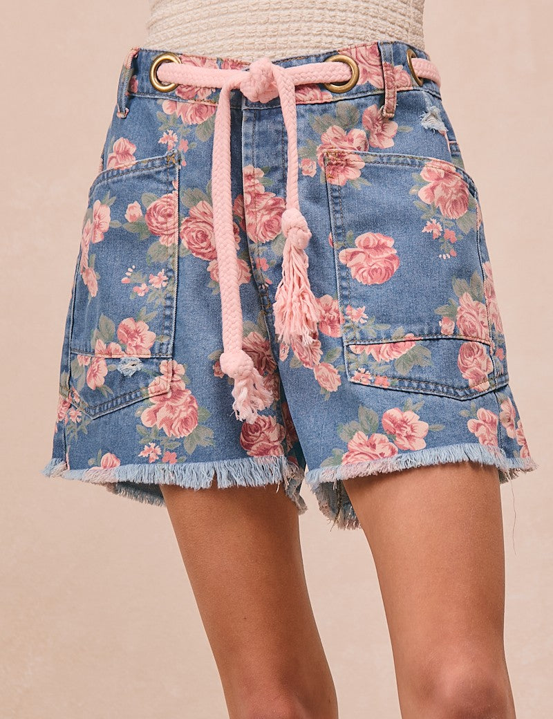 BIBI Braided Waist Belt Patch Pockets Floral Print Denim Shorts on Simply Obsessed