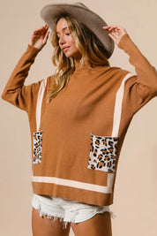 BiBi Mock Neck Sweater with Leopard Pocket on Simply Obsessed