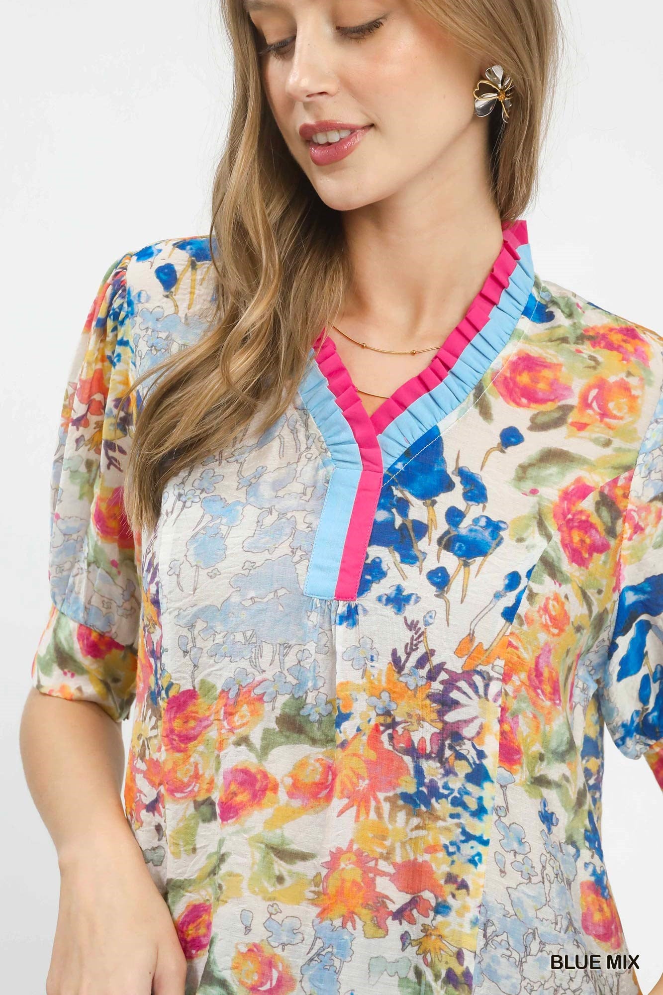UMGEE Floral Contrast Pleat Neck Top **DEBUT SALE** on Simply Obsessed