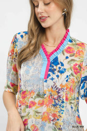UMGEE Floral Contrast Pleat Neck Top **DEBUT SALE** on Simply Obsessed