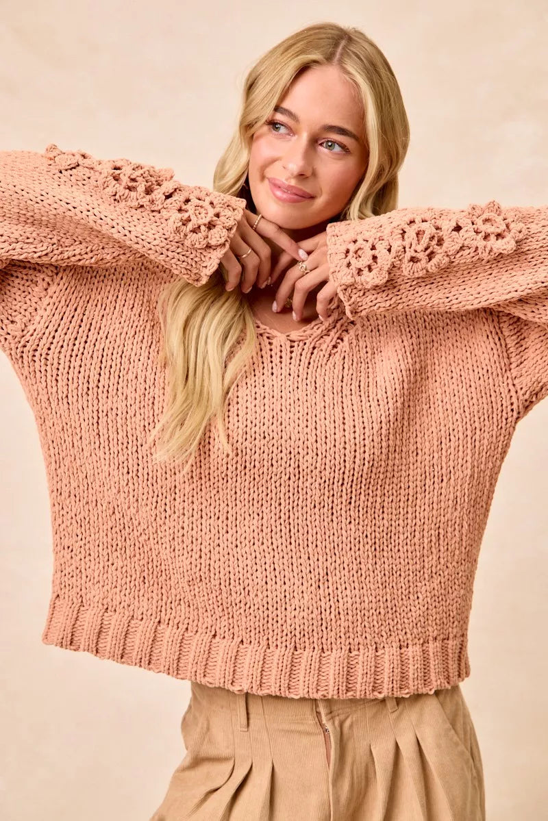 BiBi Chunky Knit Sweater with Flower Detail Sleeves on Simply Obsessed