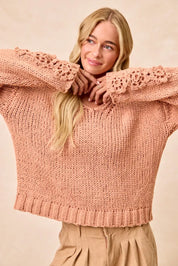 BiBi Chunky Knit Sweater with Flower Detail Sleeves on Simply Obsessed