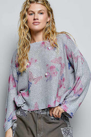 POL Ribbed Butterfly Print Round Neck Knit Top on Simply Obsessed