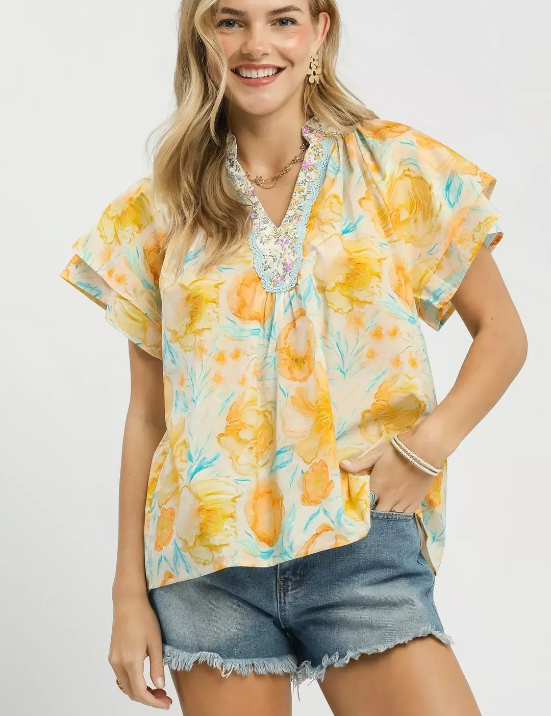 UMGEE Mix Floral Print Blouse with Crochet Lace Trim **DEBUT SALE** on Simply Obsessed