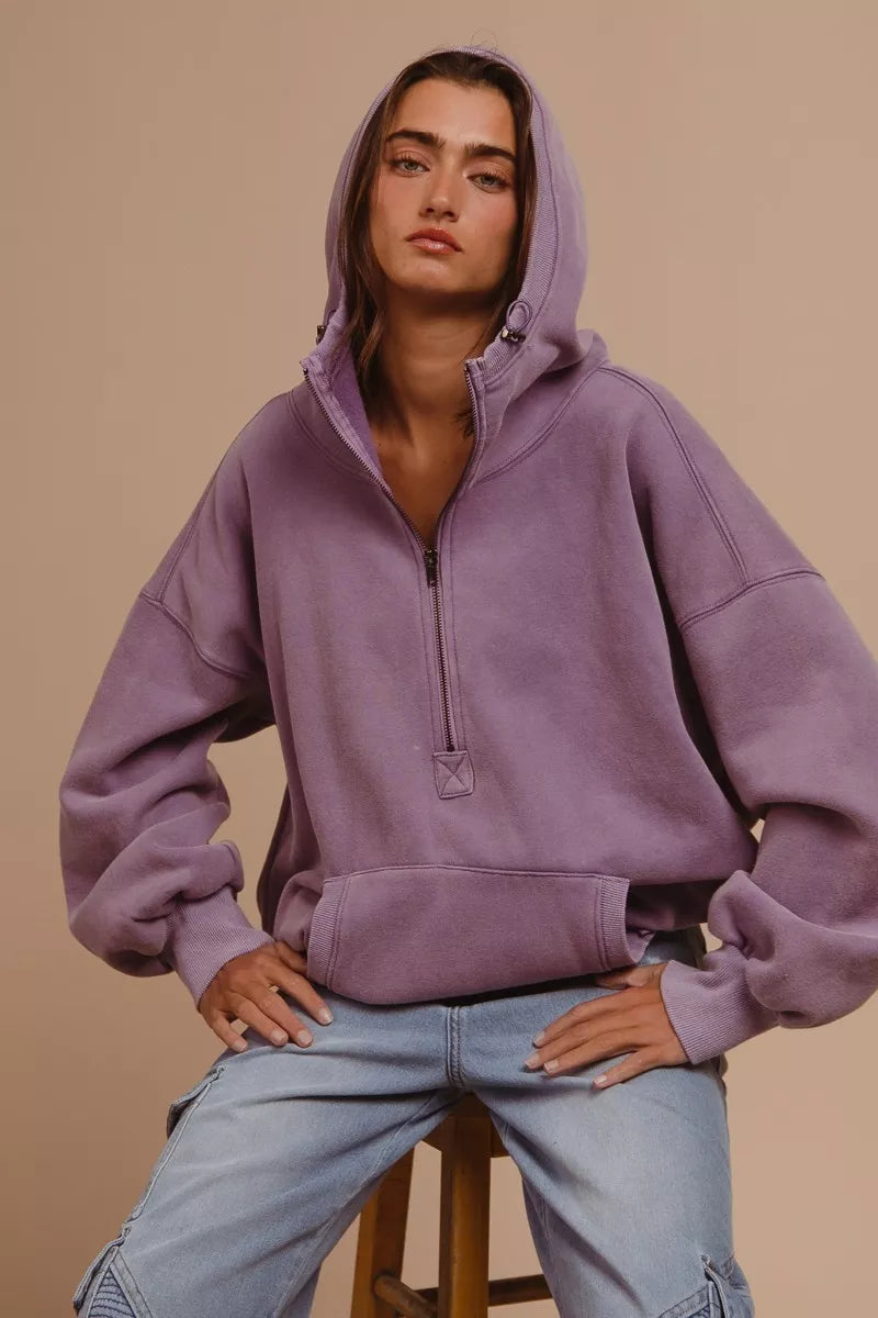 BIBI Stitch Detailed Elastic Hem Half Zip Fleece Hoodie on Simply Obsessed