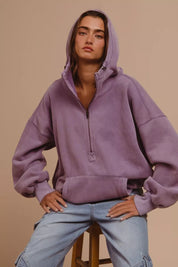 BIBI Stitch Detailed Elastic Hem Half Zip Fleece Hoodie on Simply Obsessed