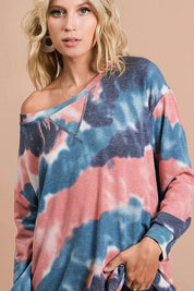 BiBi Tie Dye French Terry Pull Over with Front Stitching Detail on Simply Obsessed