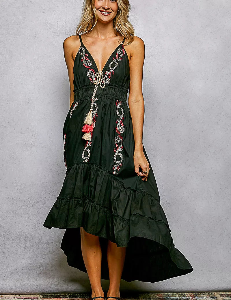 POL Embroidered Detail Tassel Tie Smocked Waist Midi Tiered Cami Dress on Simply Obsessed