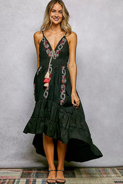 POL Embroidered Detail Tassel Tie Smocked Waist Midi Tiered Cami Dress on Simply Obsessed