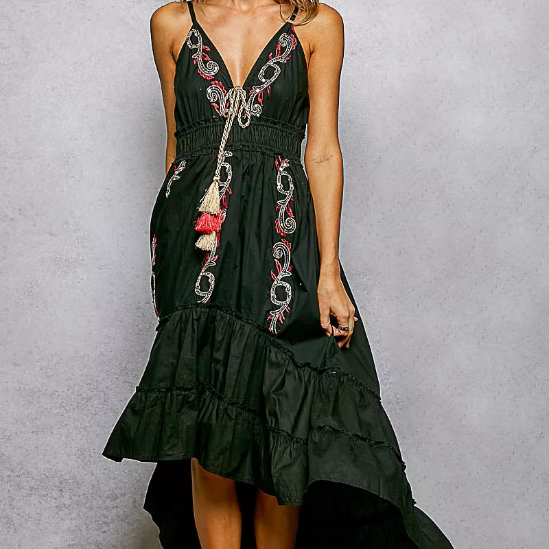 POL Embroidered Detail Tassel Tie Smocked Waist Midi Tiered Cami Dress on Simply Obsessed