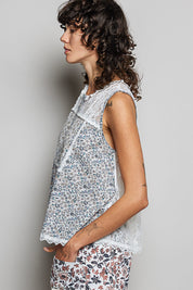 POL Printed Woven Lace Back Round Neck Sleeveless Top. **SALE** on Simply Obsessed