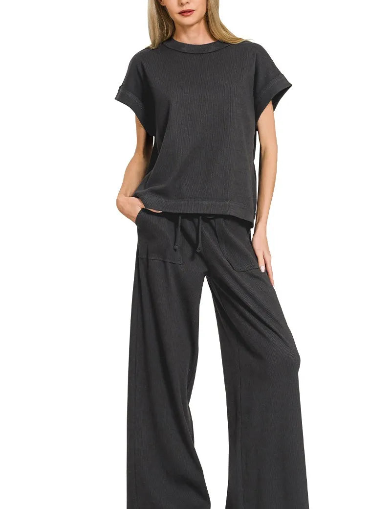 Zenana Ribbed Short Sleeve Tee and Pants Set on Simply Obsessed