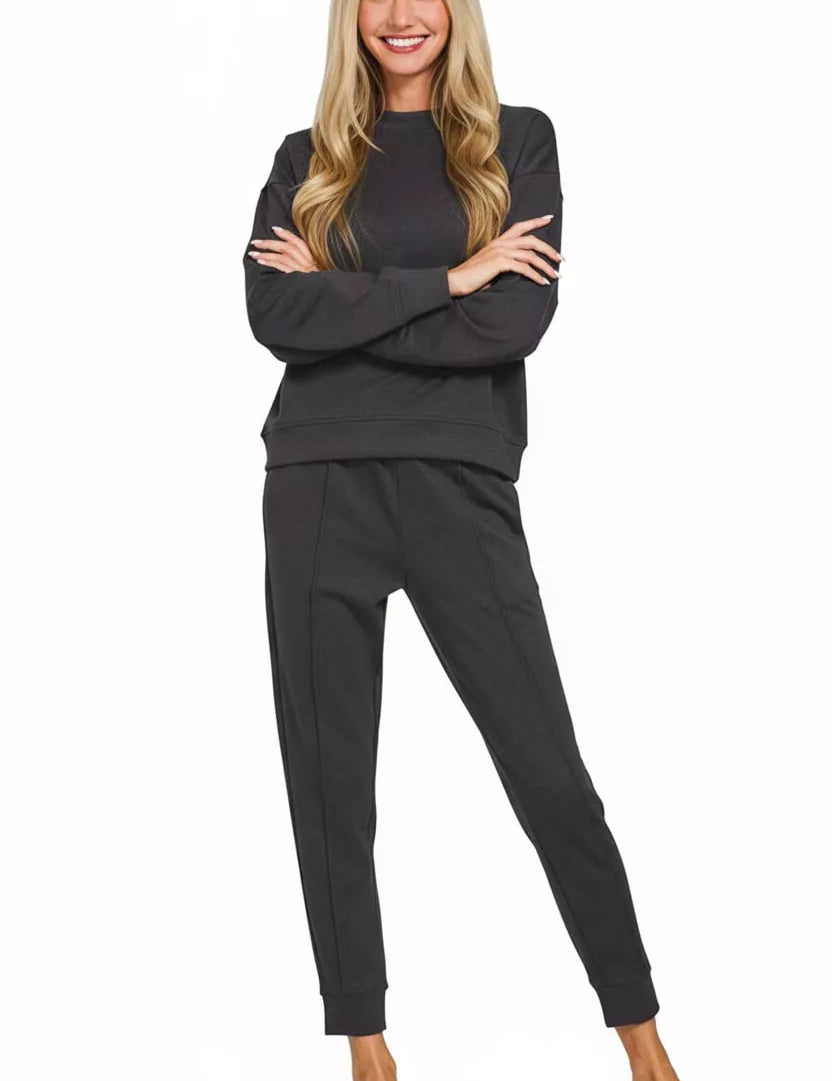 ZENANA Scuba Mock Neck Sweatshirt and Joggers Set on Simply Obsessed