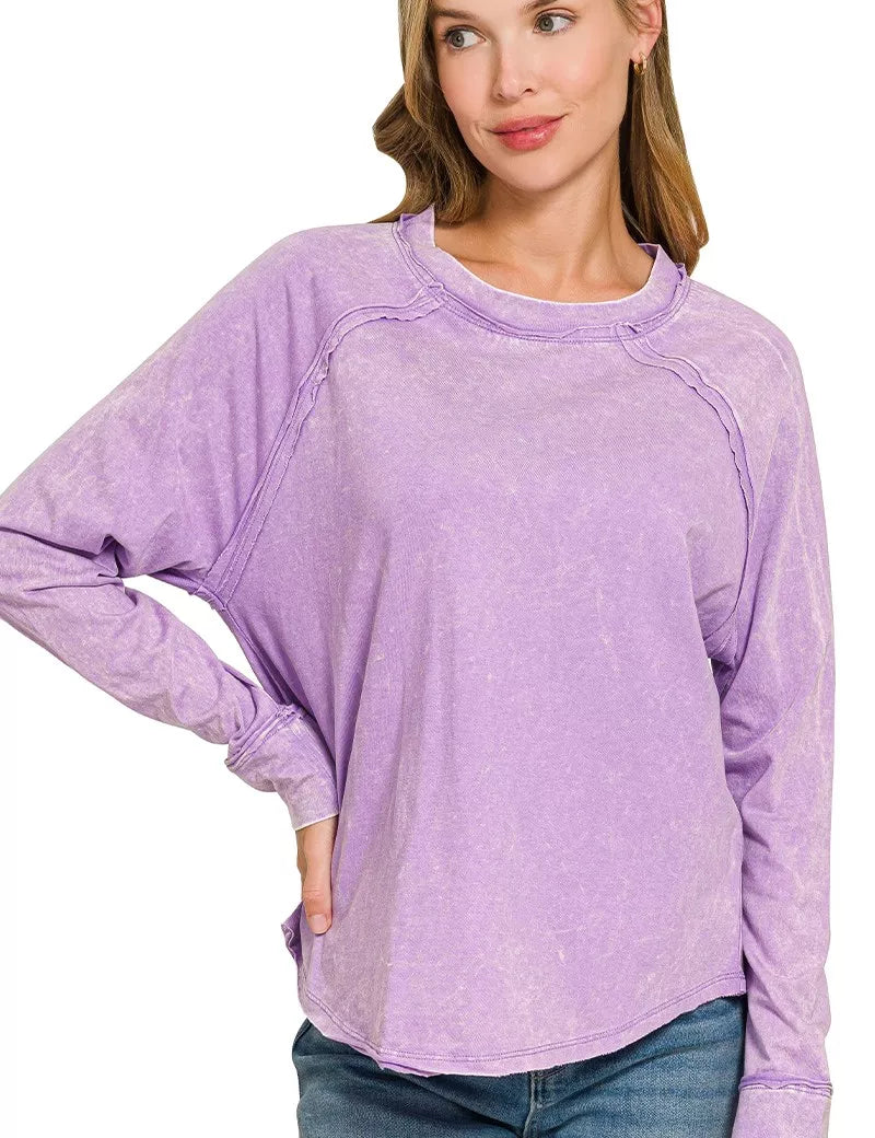 ZENANA Washed Round Neck Long Sleeve Top on Simply Obsessed
