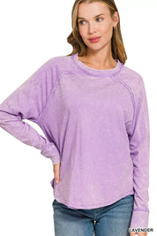 ZENANA Washed Round Neck Long Sleeve Top on Simply Obsessed