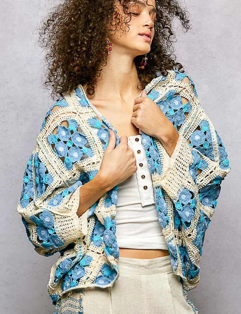 POL Open Front Floral Crochet Cardigan on Simply Obsessed