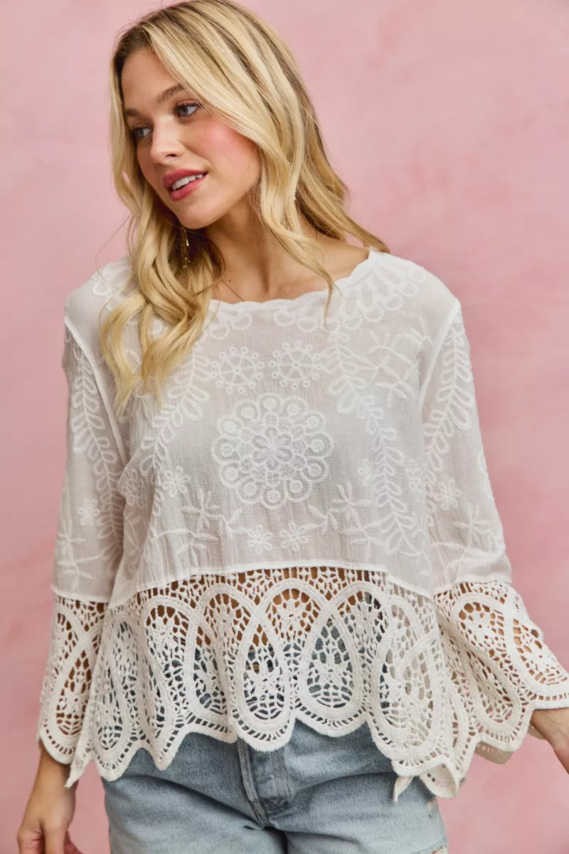 SO ME Floral Embroidered Crochet Lace Trimmed Top **DOORBUSTER** on Simply Obsessed