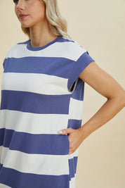 BASIC BAE Full Size Striped Round Neck Cap Sleeve Mini Dress on Simply Obsessed