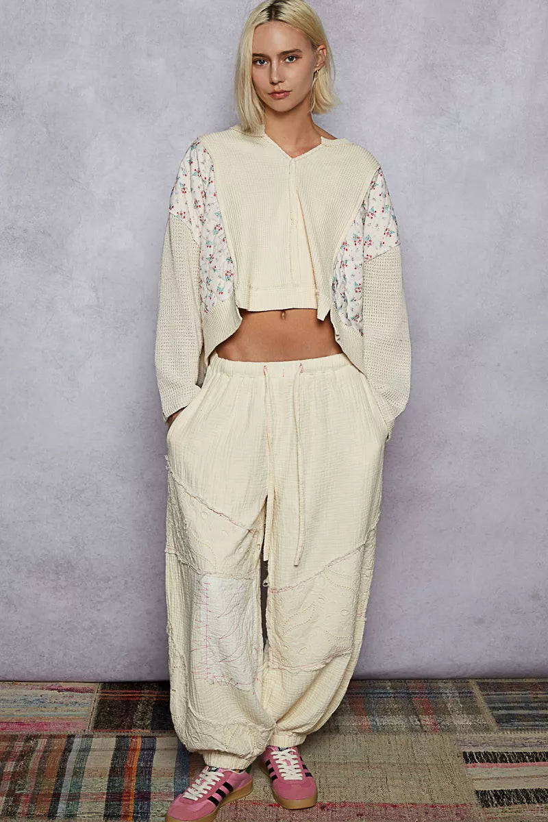 POL Mix Thermal Floral Pattern Quilted Knit Cropped Top with Raw Edge Detail on Simply Obsessed